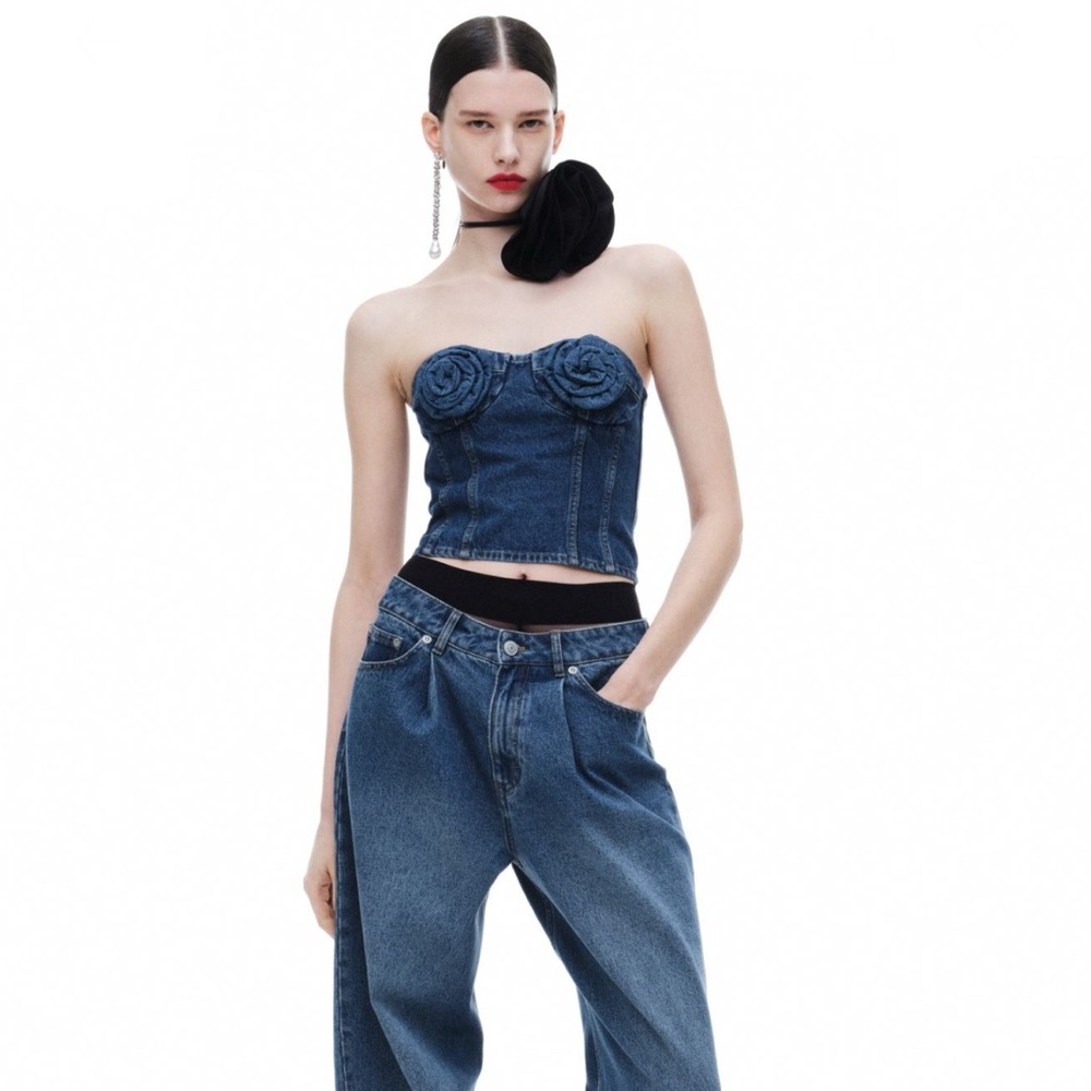 Magda Butrym X H&M Denim Bustier Top With Rose Appliqués NEW WITH TAGS